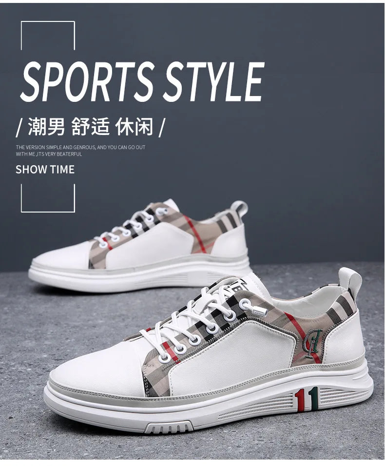 Genuine Leather Casual Shoes Men Sneakers Outdoor Walking Shoe Loafers Man Comfortable Breathable Male Light Footwear Plaid Shoe