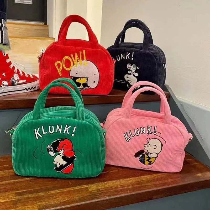Corduroy Cartoon Shoulder Bag Cute Embroidered Handbag Women's Casual Crossbody Bag Adjustable Shoulder Straps