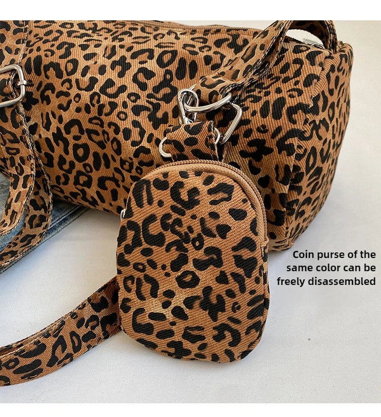 Korean Version Niche Leopard Print Canvas Armpit Bag for Women New Trendy Fashion Shoulder Bag Commuting Versatile Pillow Bag