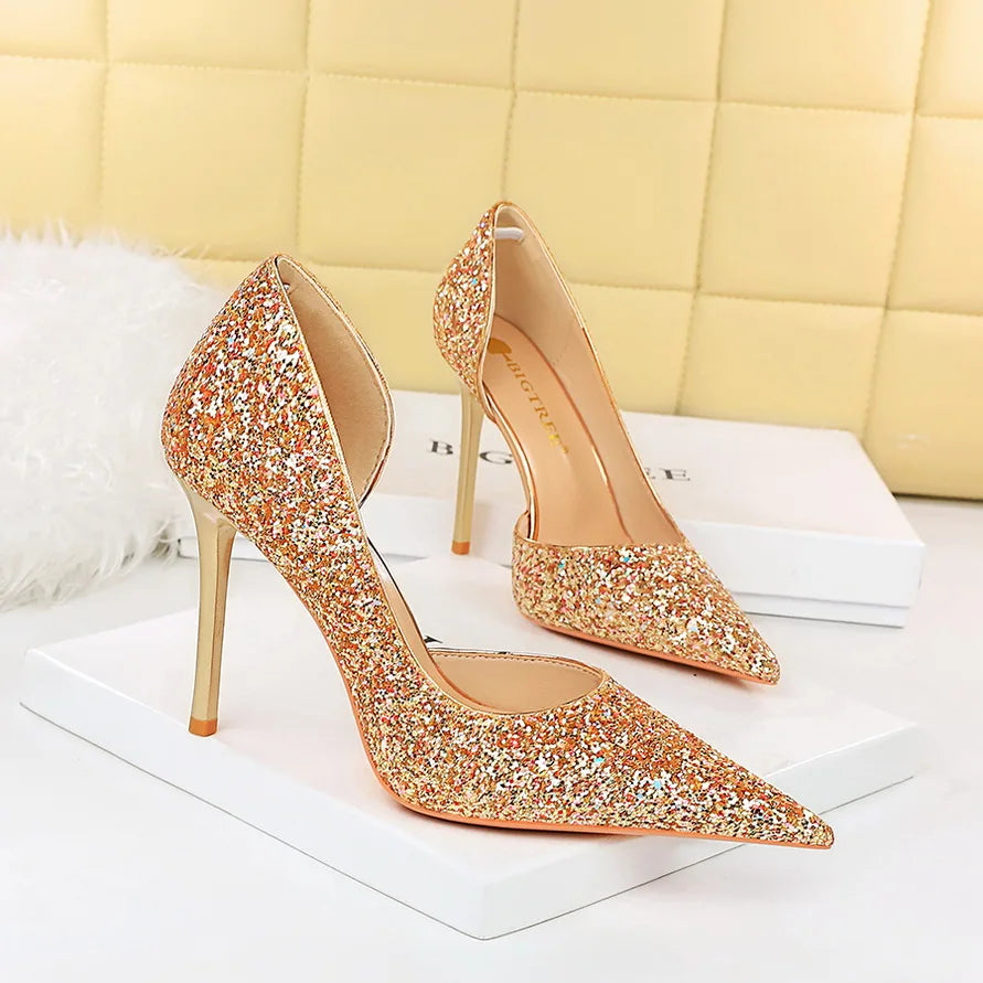 BIGTREE Women 7cm 11cm Super High Heels Blue Gold Pumps Sexy Sequins Bling Low Heels Lady Scarpins Luxury Stiletto Sparkly Shoes