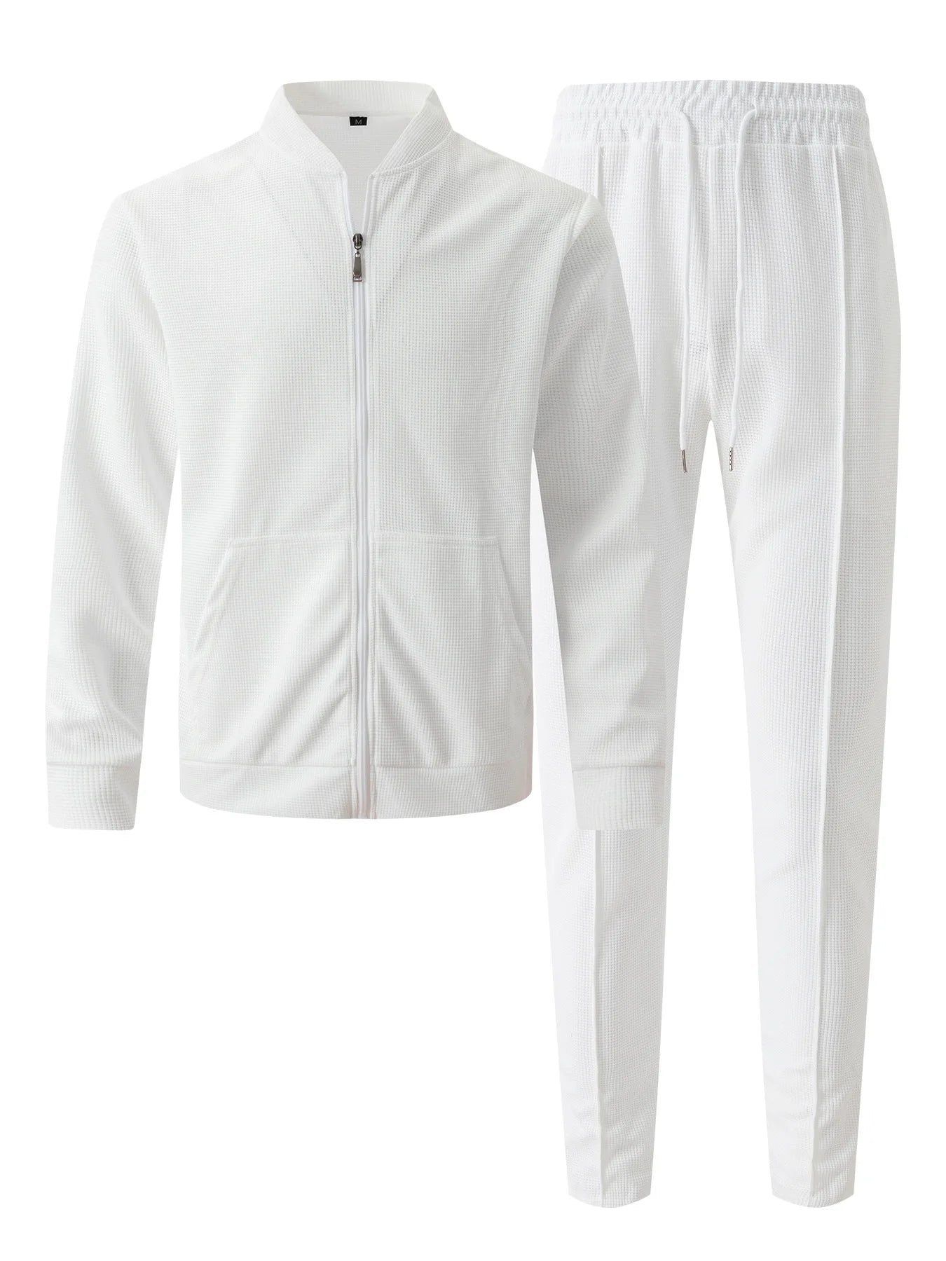 秋冬男士休閒西裝套裝新款時尚華夫格棒球服圓領口袋拉鍊長袖西裝褲兩件式