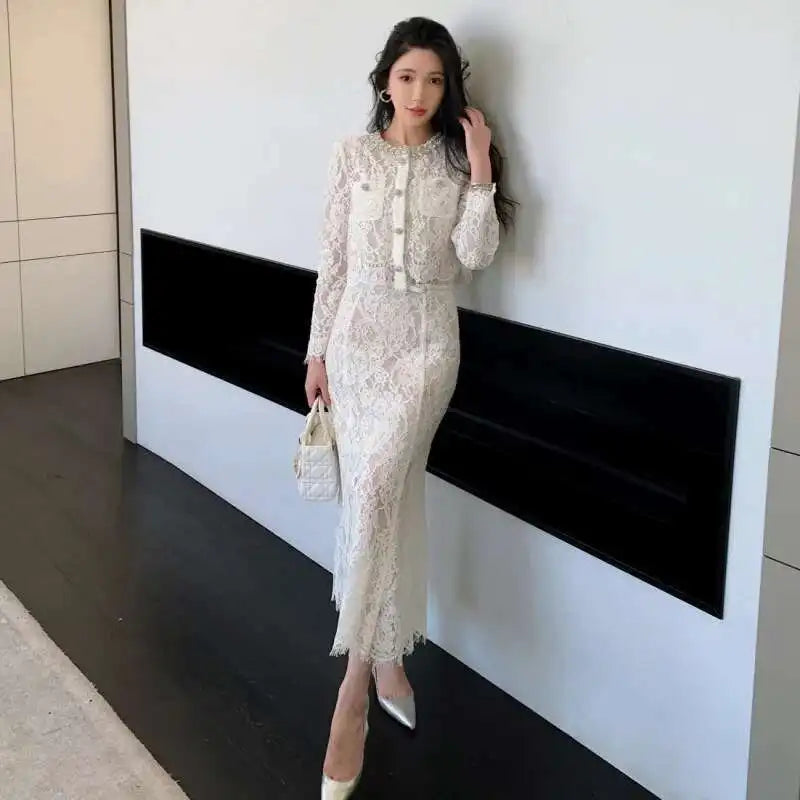 Luxury Lace Long Dress 2 Piece Sets Women 2025 Summer Holiday Hollow Out Embroidery Crystal Beaded Jackets Tops Maxi Skirt Suits