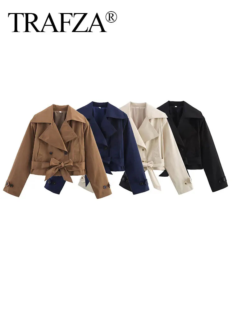 TRAFZA 2025 Spring Retro V-neck Double Breasted Women's Pocket Top Loose Jacket Women's Street Casual Lace-up Short Trench Coat