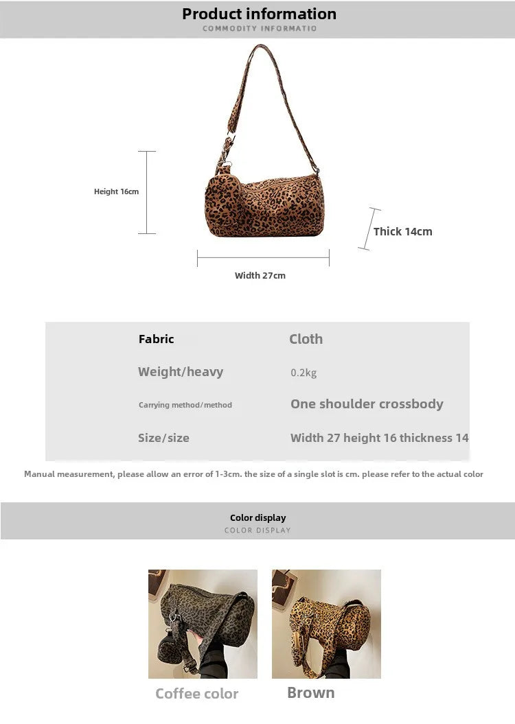 Korean Version Niche Leopard Print Canvas Armpit Bag for Women New Trendy Fashion Shoulder Bag Commuting Versatile Pillow Bag