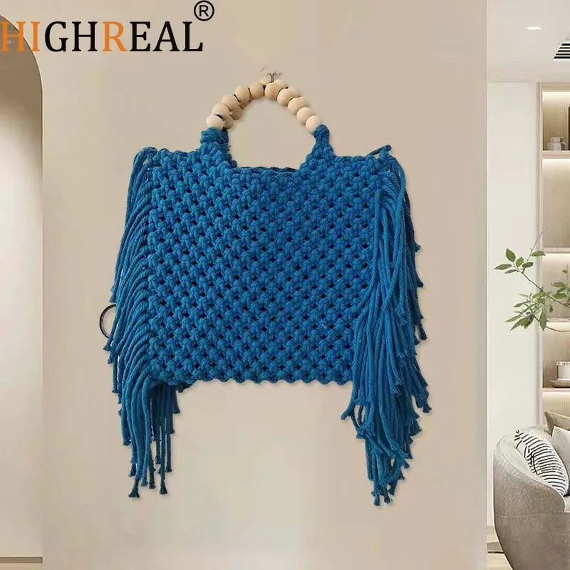 Casual Tassel Straw Shoulder Bag Female Handmade Woven Crossbody Bag Bohemian Kintted Lady Handbag Beach Bag Flap Bag sac