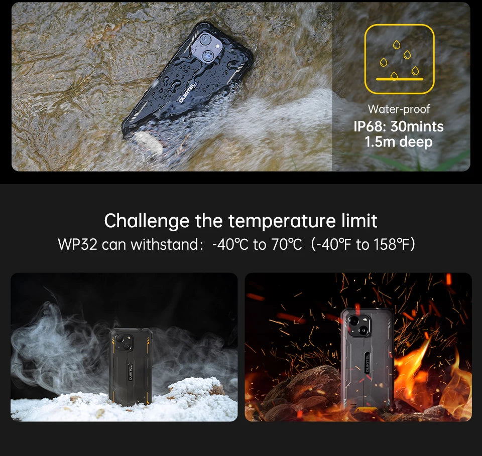 OUKITEL WP32 12GB(4+8) 128GB Mobile Phone IP68, Octa-Core, 6.0" HD+, Unbreakable Smartphone 6300mAh Android 13