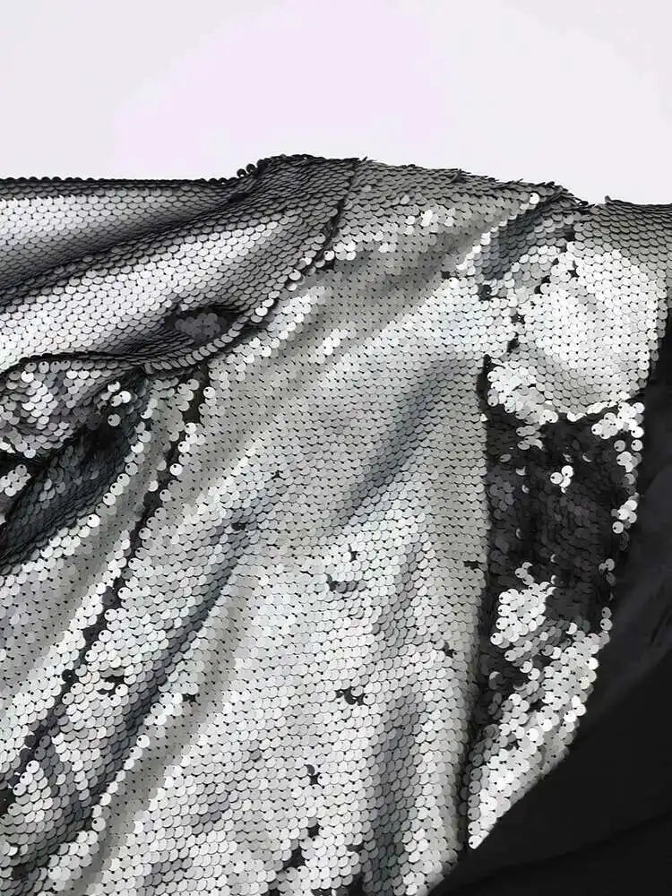 EAM Black Color-block Sequins Big Size Blazer Women New Lapel Long Sleeve Jacket Fashion Tide Spring Autumn 2025 CPG1490