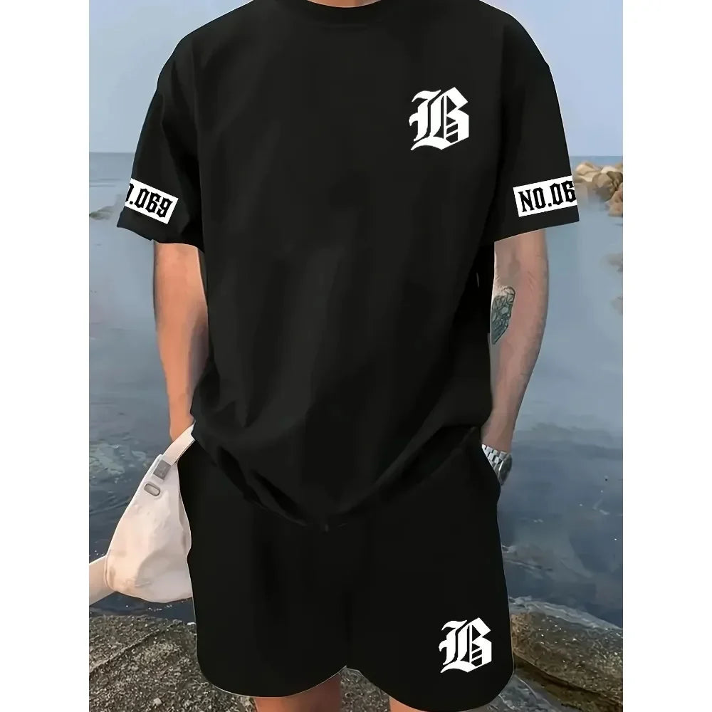 Summer New Men's Suit 3d Letter Print Pattern Short Sleeves and Shorts Asual and Fashionable T-shirt Set