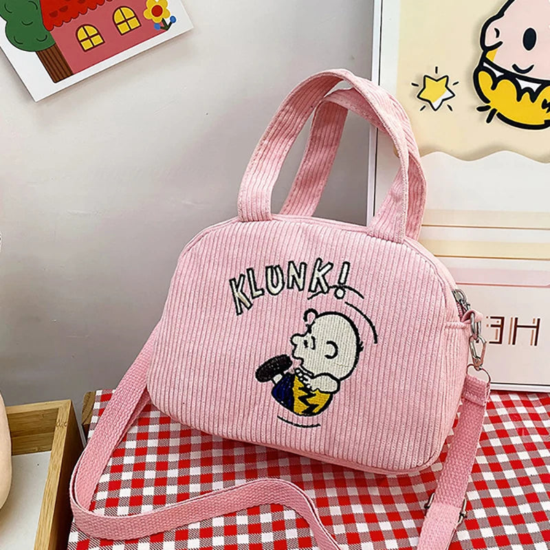 Corduroy Cartoon Shoulder Bag Cute Embroidered Handbag Women's Casual Crossbody Bag Adjustable Shoulder Straps