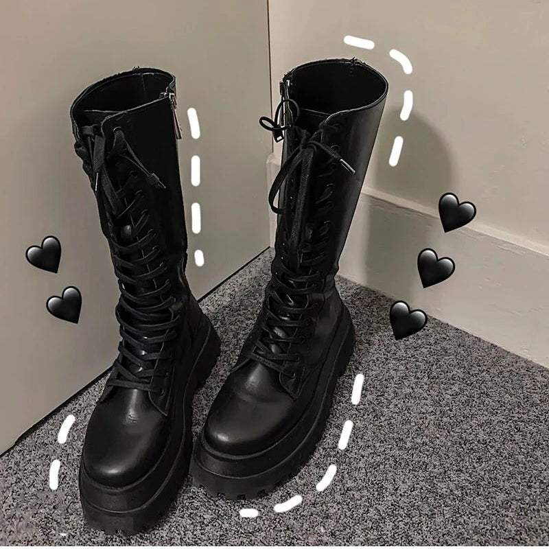 Chunky Women Motorcycle High Boots Fashion Lace Up Long Boots Platform Flats Autumn Winter Ladies Shoes