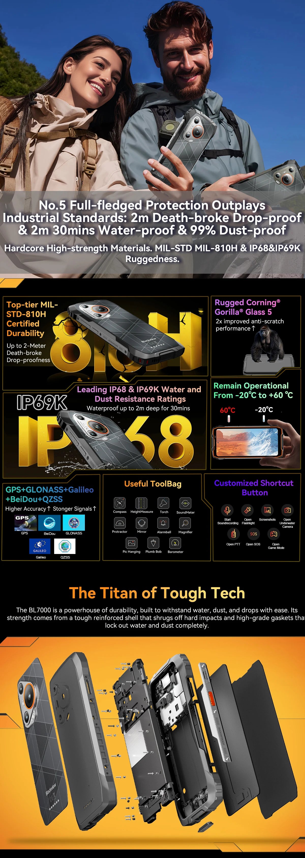 BLACKVIEW BL7000 5G AI Rugged Phone Deepseek GPT Android 15 Smartphone, 6.78" HD+2.4K Display 120Hz, 24(8+16)GB 256GB, 7500Amh