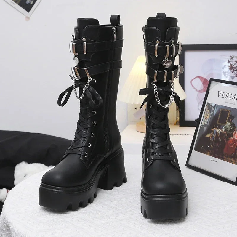Autumn Women Punk Style Platform Mid-calf Boots Thick Sole Leather Motorcycle Boots 9CM Chunky Metal Buckle Short Boots Woman