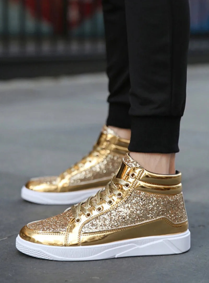 Men's Boots Nightclubs Fashiona Sequins With Diamonds Gold Leather Boots Trendy High Top Sports Casual Shoes Large Size 38-48
