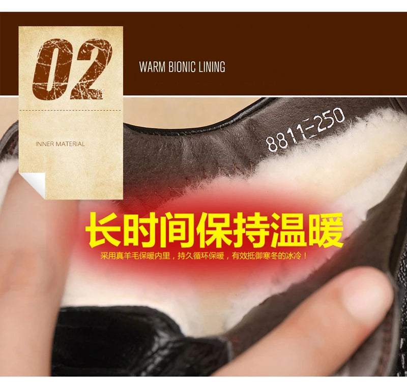 Men Genuine Leather Crocodile Print Sneakers Men's Casual Shoes Luxury British Fashion Leather Shoes Wool Inside Warm Snow Boots