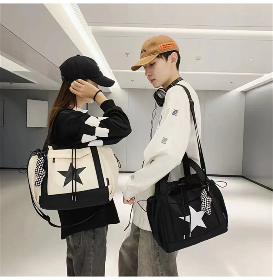 Personality Women Crossbody Bag Y2K Style Large Capacity Couple Shoulder Bag New Casual Nylon Tote Bag Luxury Drawstring Handbag