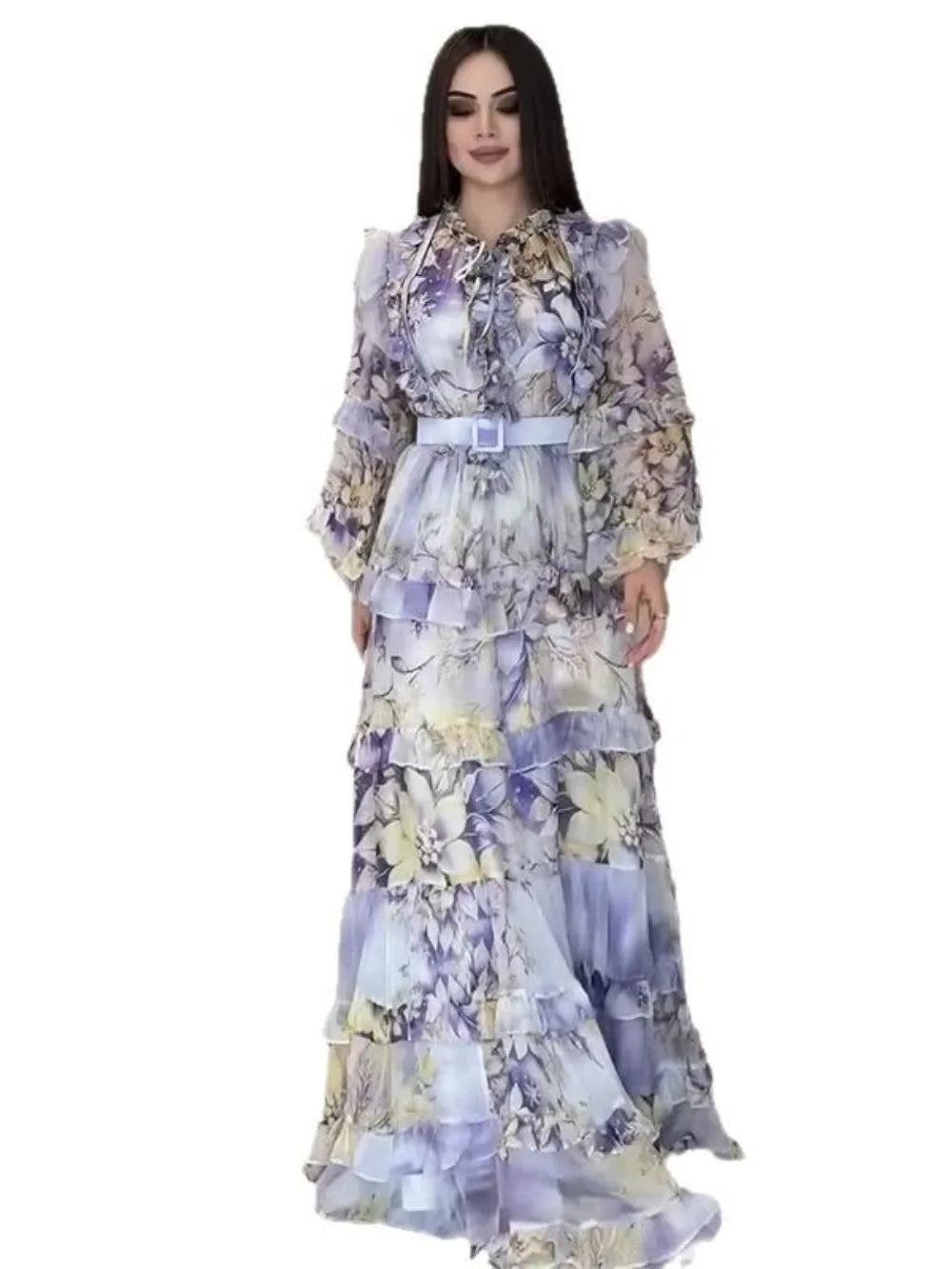 Eid Women Party Dress Abaya Muslim Ruffle Print Jalabiya Ramadan Sweet Long Dresses Vestidos Largos Kaftan Arab Long Robe 2025