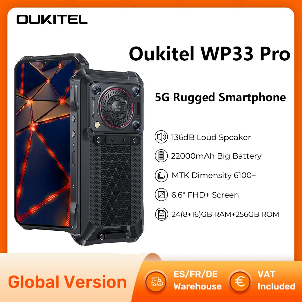 Oukitel WP33 Pro 5G Rugged Smartphone 6.6" FHD+ Cell Phone 24GB 256GB Mobile Phone 64MP Camera 22000mAh 33W Cellphon