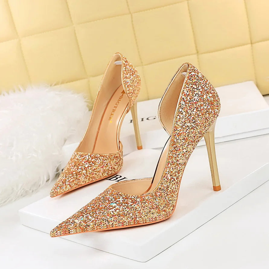 BIGTREE Women 7cm 11cm Super High Heels Blue Gold Pumps Sexy Sequins Bling Low Heels Lady Scarpins Luxury Stiletto Sparkly Shoes