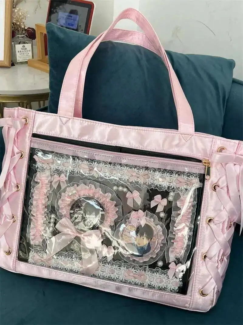 Japanese Sweet Women Ribbon Ita Bag Cute Lolita Girl Transparent Handbags Fashion Large Capacity Tote Bag Aesthetic Shoulder Bag