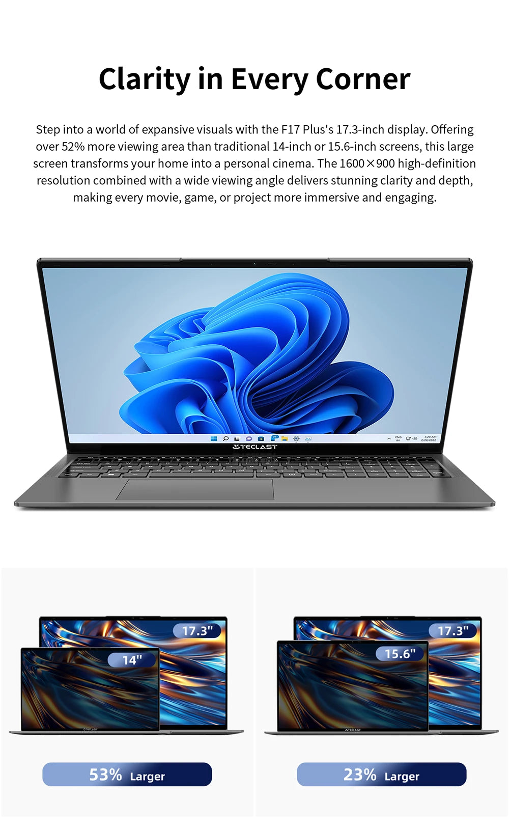 Teclast F17 Plus Laptop 17.3 inch Intel N95 Computer 16GB RAM 512GB SSD Windows 11 Pro 180° Flip Laptops mini-HDMI USB3.2 Type-C
