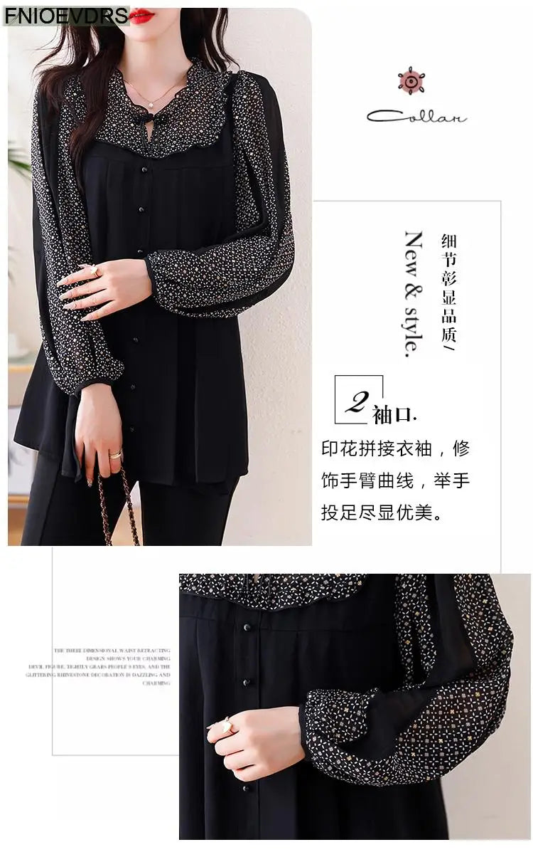 Loose Clothes Women 2024 Autumn Elegant Office Lady Casual Button Shirts Fake Two Piece Retro Vintage Bling Tops Blouses