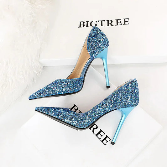 BIGTREE Women 7cm 11cm Super High Heels Blue Gold Pumps Sexy Sequins Bling Low Heels Lady Scarpins Luxury Stiletto Sparkly Shoes