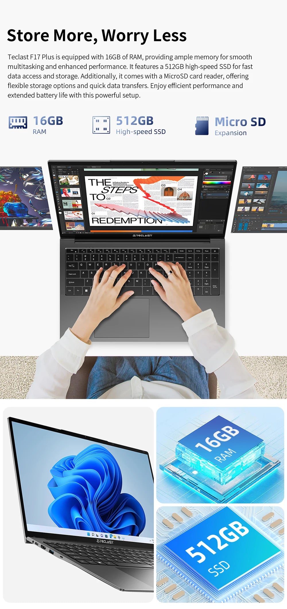 Teclast F17Plus 17.3 inch Laptop Intel N95 16GB RAM 512GB SSD Windows 11 Notebook 180° Flip Computer Backlit Keyboard mini-HDMI