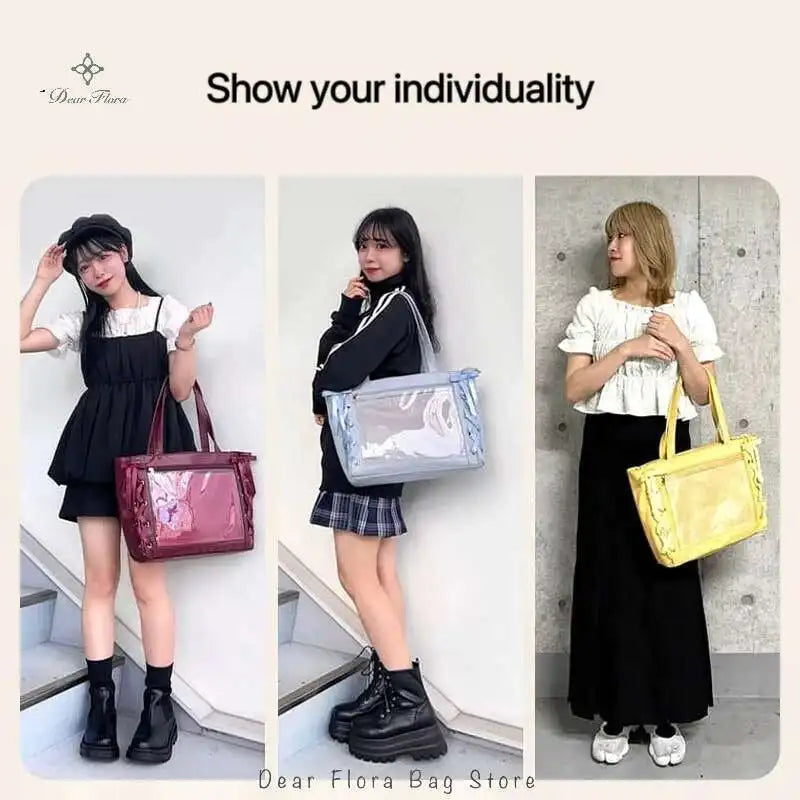 Japanese Sweet Women Ribbon Ita Bag Cute Lolita Girl Transparent Handbags Fashion Large Capacity Tote Bag Aesthetic Shoulder Bag