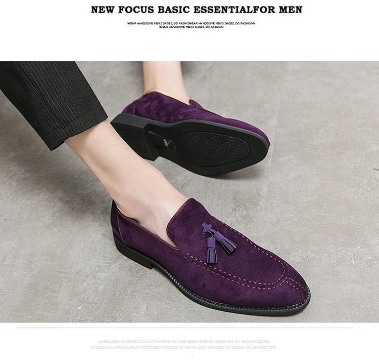 Brand Design Men Suede Leather Shoes Moccasins Purple Tassel Pointed Men's Loafers Vintage Slip-on Casual Men Social Dress Shoe