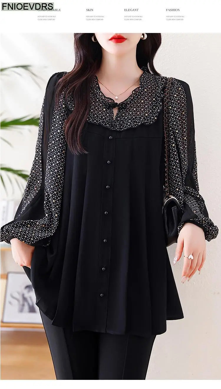 Loose Clothes Women 2024 Autumn Elegant Office Lady Casual Button Shirts Fake Two Piece Retro Vintage Bling Tops Blouses