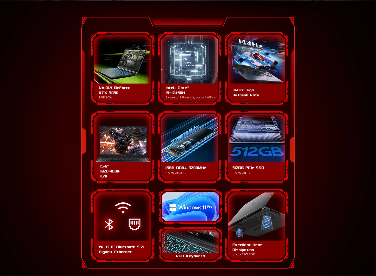 CHUWI GTBook Laptop Intel i5-12450H RTX 3050 15.6 Inch 144Hz 16GB DDR4 512GB SSD Windows 11 Pro WIFI 6 M.2 Up To 1T RJ45*1