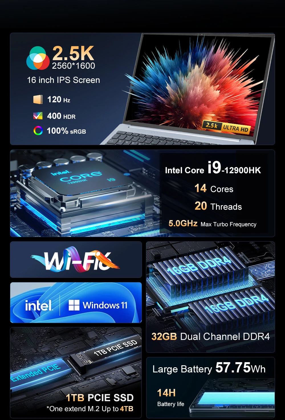 Laptop 16 inch 2.5K 120Hz Intel Core i9-12900HK WiFi 6 32GB RAM 1TB SSD Laptop Windows 11 pro Notebook Office Computer