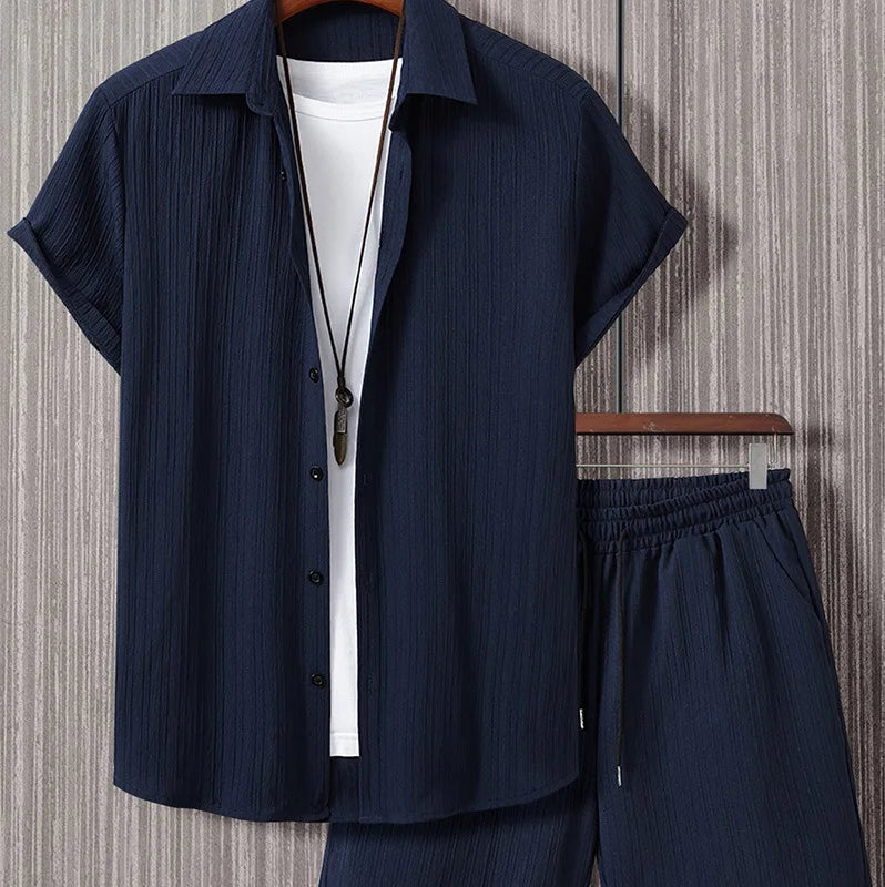 2024 夏季男士套裝條紋提花襯衫短袖扣領休閒輕薄透氣潮流街頭服飾
