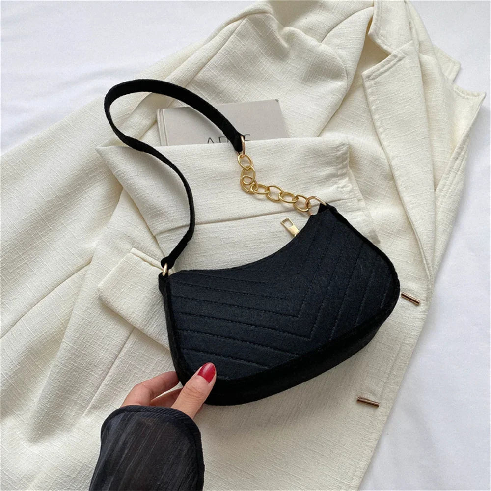 Felt Mini Shoulder Bag Women Fashion Solid Color Casual Handbags with Chain Shoulder Pouch Simple Light Weigh Underarm Bag