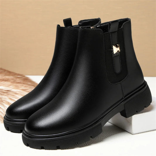 2024 British Style Women Chelsea Boots Square Heel Platform Comfortable Anti-slip Zip Ankle Boots Soft Leather Casual Boots