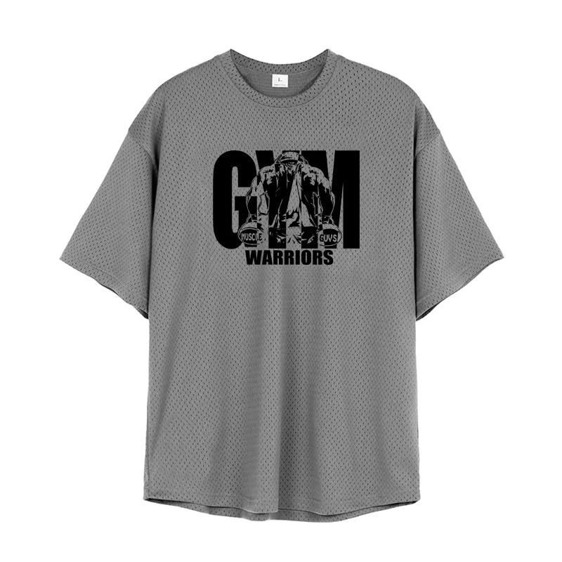 超大寬鬆男士休閒運動T卹健身房健美健身短袖襯衫夏季網眼速乾透氣服裝