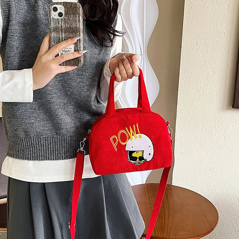 Corduroy Cartoon Shoulder Bag Cute Embroidered Handbag Women's Casual Crossbody Bag Adjustable Shoulder Straps