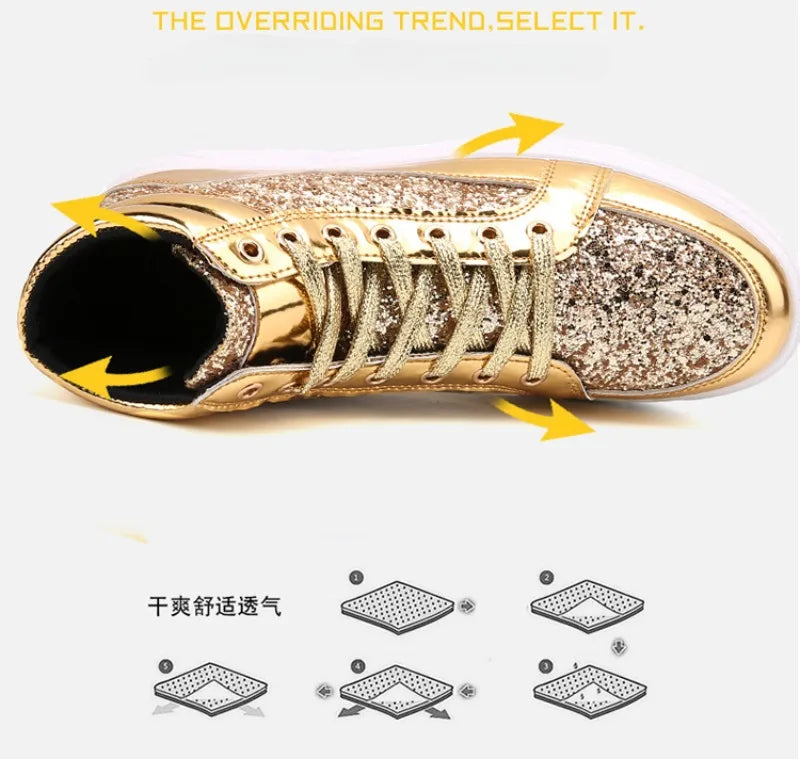 Men's Boots Nightclubs Fashiona Sequins With Diamonds Gold Leather Boots Trendy High Top Sports Casual Shoes Large Size 38-48