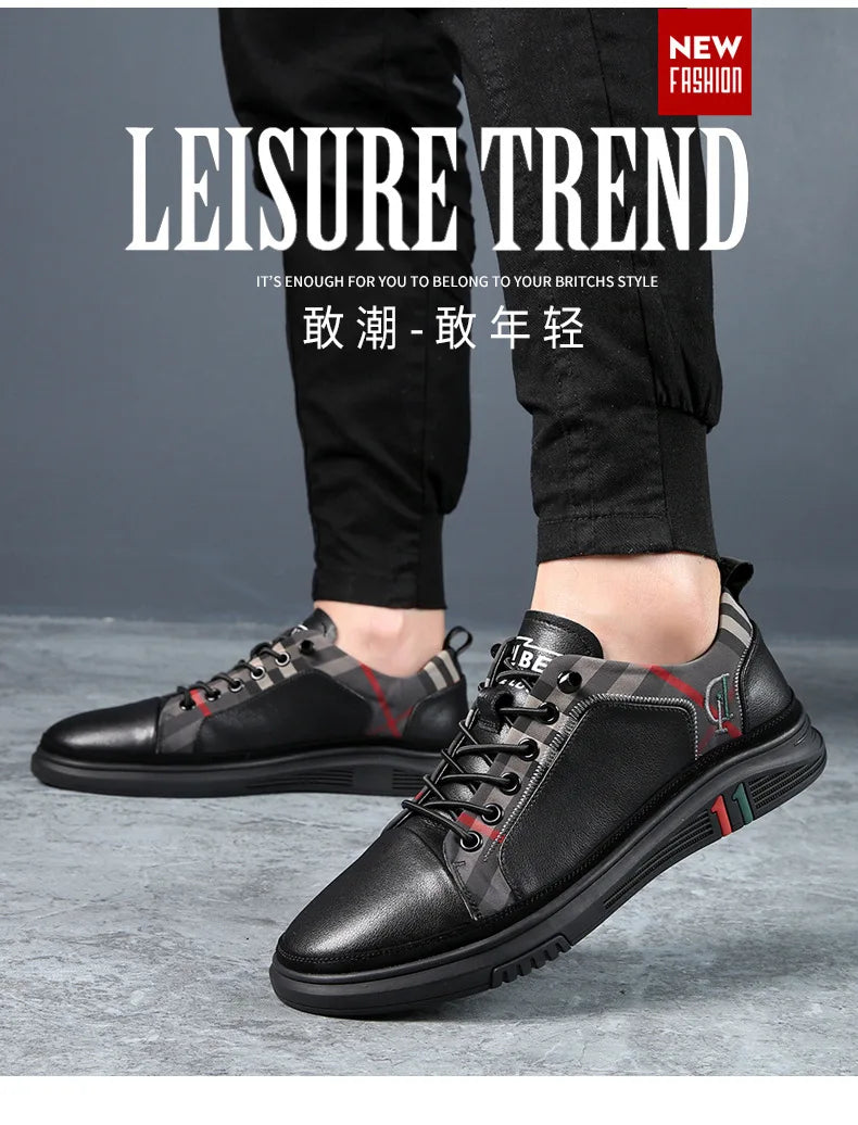 Genuine Leather Casual Shoes Men Sneakers Outdoor Walking Shoe Loafers Man Comfortable Breathable Male Light Footwear Plaid Shoe