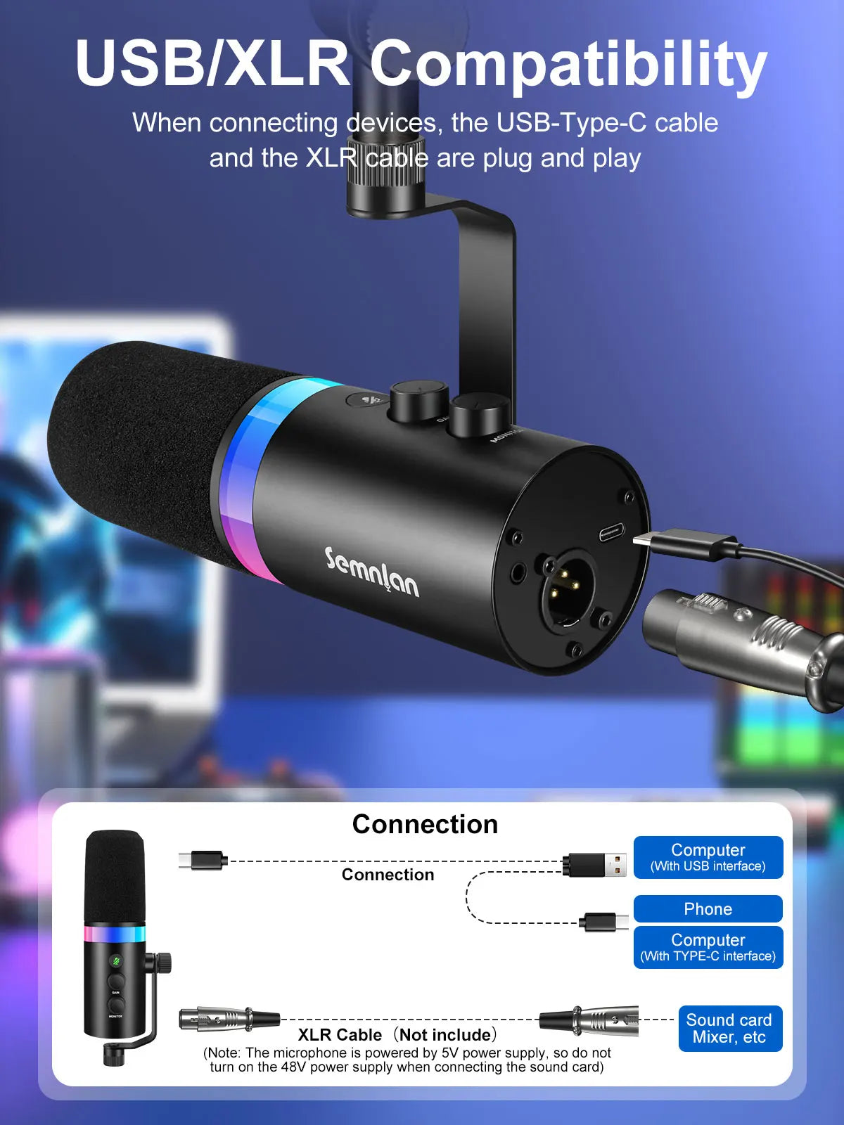 SEMNLAN USB/XLR Dynamic Microphone Touch-mute Headphone Jack&Volume Control,for Youtube PC Game Sound Card Recording Metal -LM20