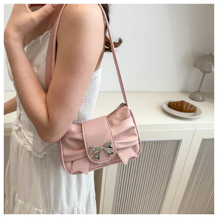 Sweet Bow Small Underarm Bag for Women Fashion PU Leather Ladies Portable Shoulder Bags Solid Color Female Clutch Handbags