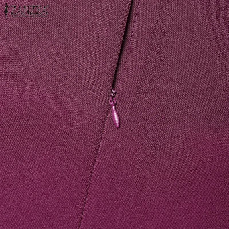 ZANZEA Short Sleeve Korean Fashion Party Dress Elegant Solid Waist-Cinched Pleated A-line Robes Women O Neck Knee-length Dress