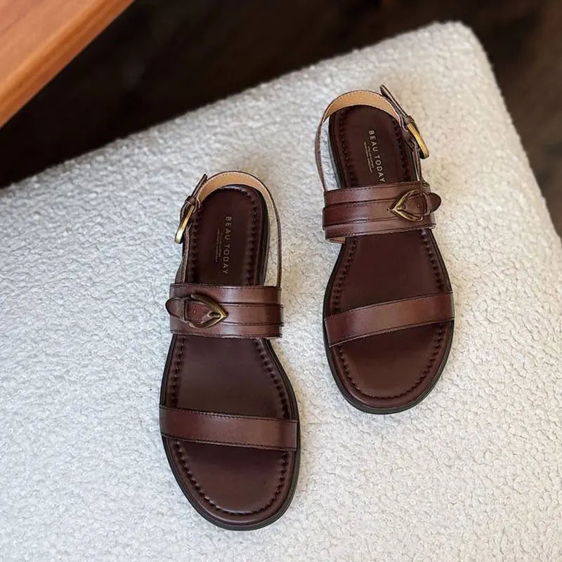 BEAUTODAY Flat Sandals Genuine Leather Metal Buckle Decro Slingback Low Heel Summer Retro Ladies Shoes 32426