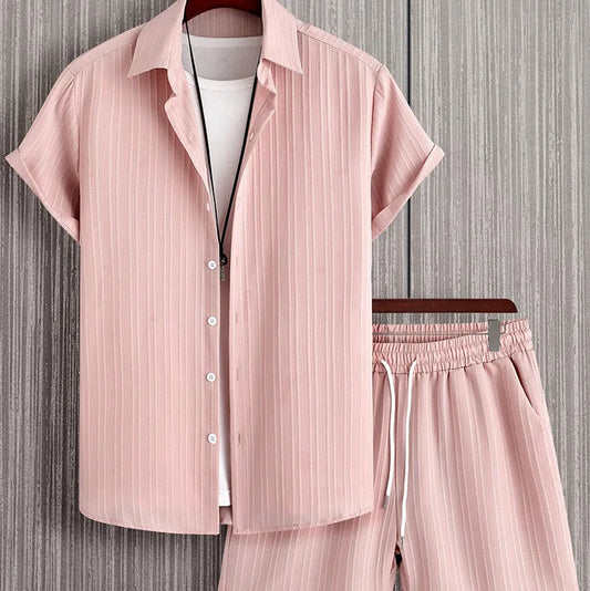 2024 夏季男士套裝條紋提花襯衫短袖扣領休閒輕薄透氣潮流街頭服飾