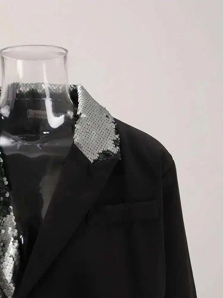 EAM Black Color-block Sequins Big Size Blazer Women New Lapel Long Sleeve Jacket Fashion Tide Spring Autumn 2025 CPG1490