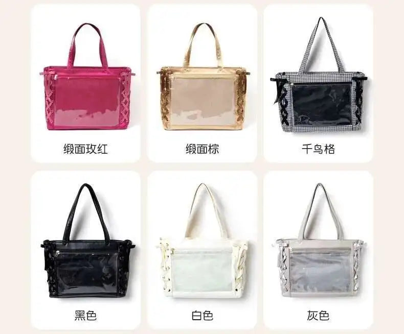 Japanese Sweet Women Ribbon Ita Bag Cute Lolita Girl Transparent Handbags Fashion Large Capacity Tote Bag Aesthetic Shoulder Bag