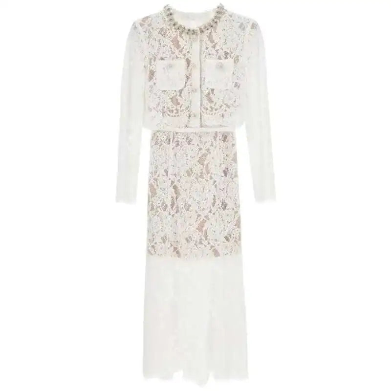 Luxury Lace Long Dress 2 Piece Sets Women 2025 Summer Holiday Hollow Out Embroidery Crystal Beaded Jackets Tops Maxi Skirt Suits