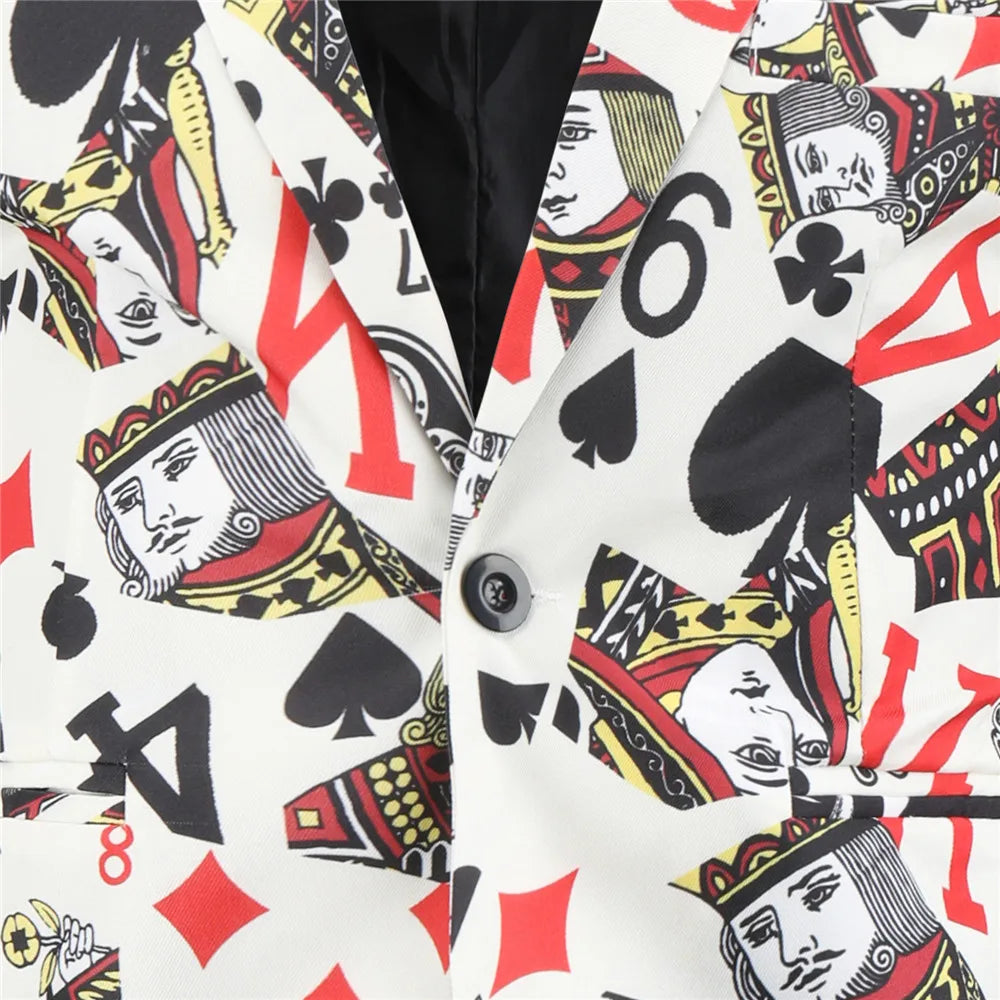 Thin Mens Suit Two Piece,Poker Pattern Printed Decorative Jacket With Trousers,Fashion Casual Men Sets