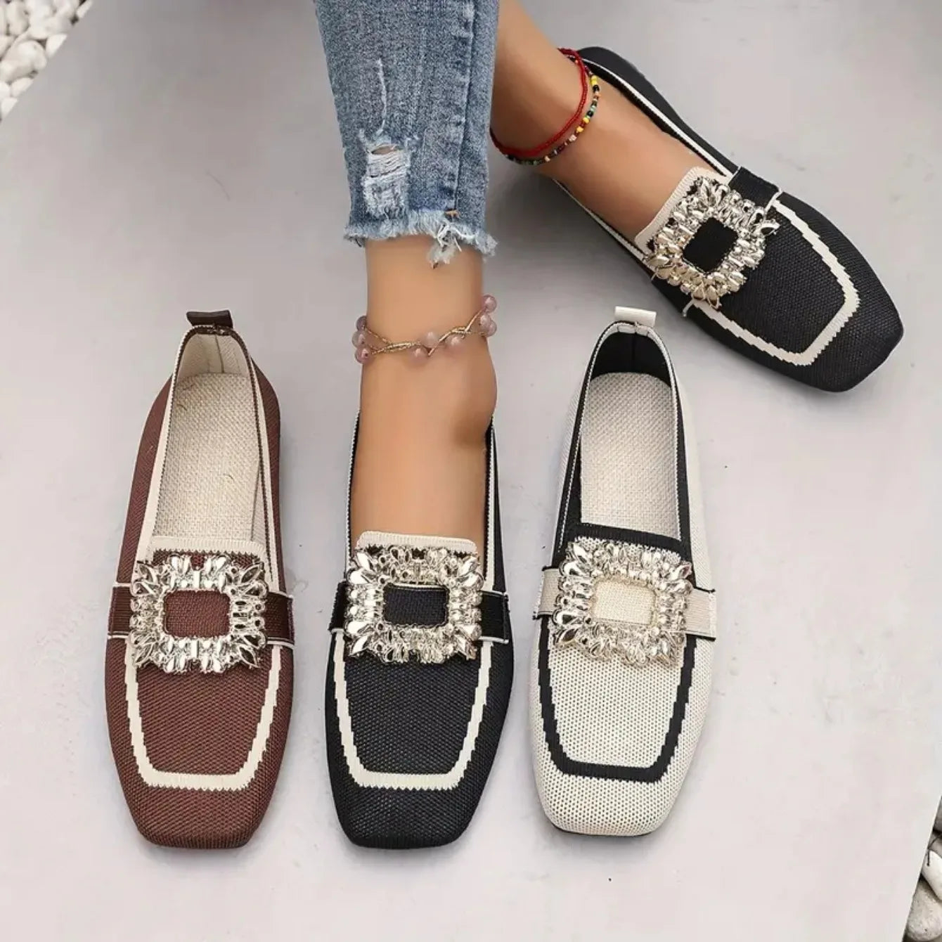 Women Flats Spring 2025 New Large Size Flat Loafers Shoes Women Knitting Slip-on Square Head Breathable Fashion Shoes for Women