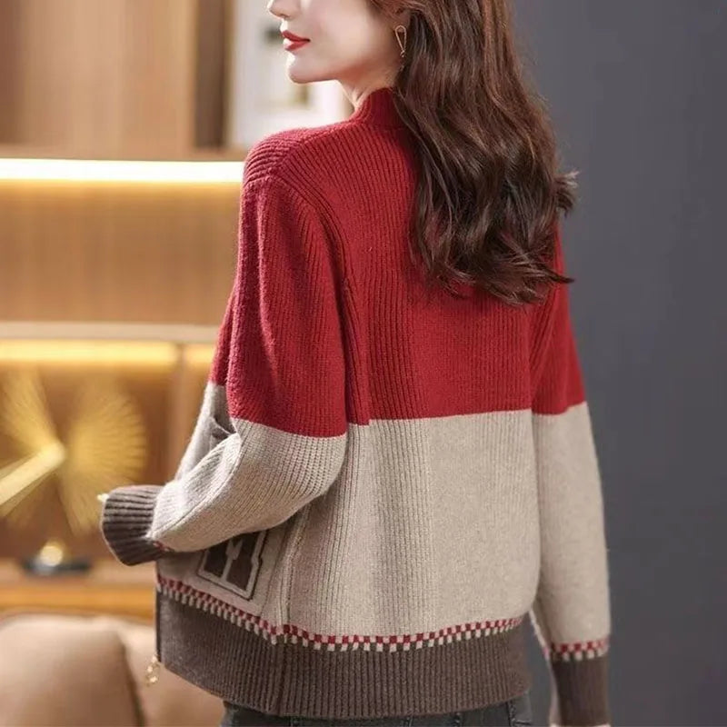 Sping Autumn New Women Sweaters Coats Stand Collar Zipper Contrast Color Pocket Fashion All-match Long Sleeve Cardigan Knit Tops